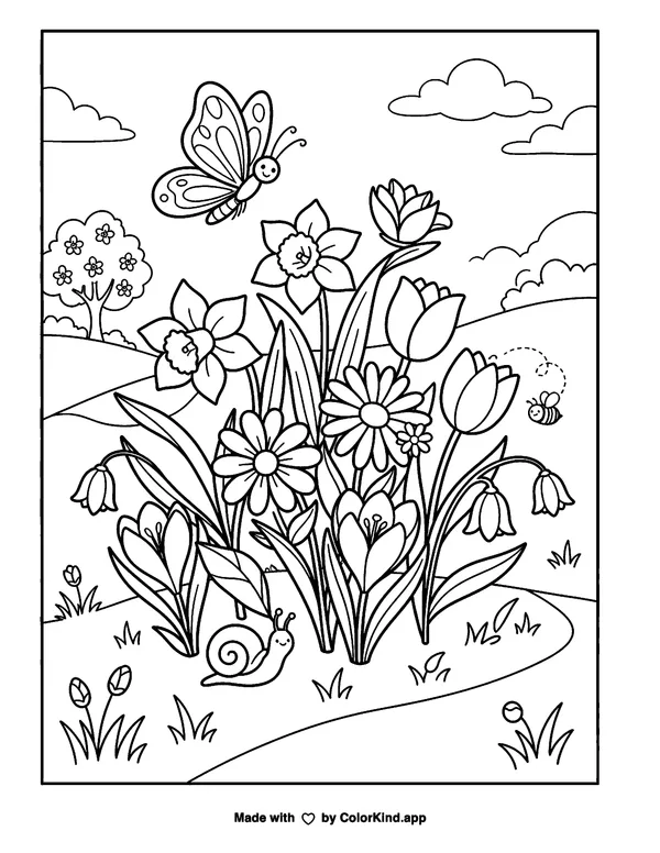 Spring Flowers as clean black-and-white printable line art made by ColorKind
