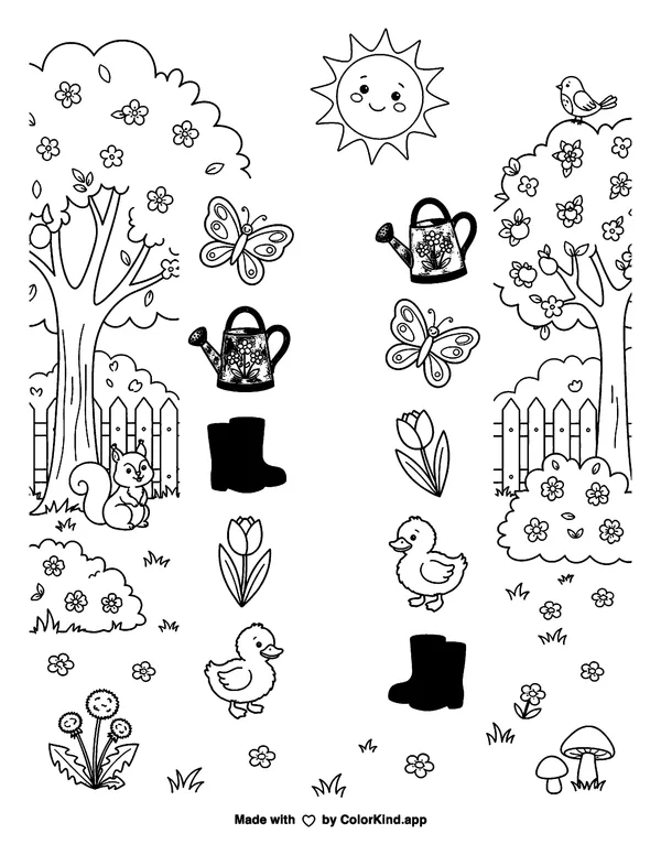 Spring Matching Activity as clean black-and-white printable line art made by ColorKind