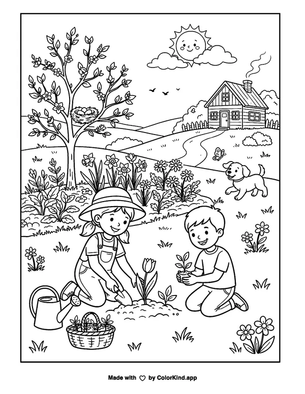 Spring Starts as clean black-and-white printable line art made by ColorKind