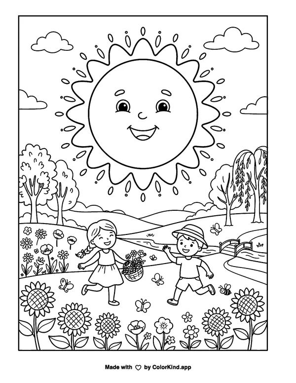 Summer Solstice Sun as clean black-and-white printable line art made by ColorKind
