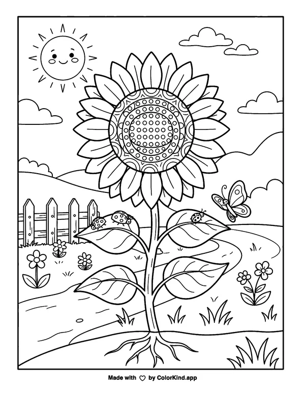 Sunflower as clean black-and-white printable line art made by ColorKind