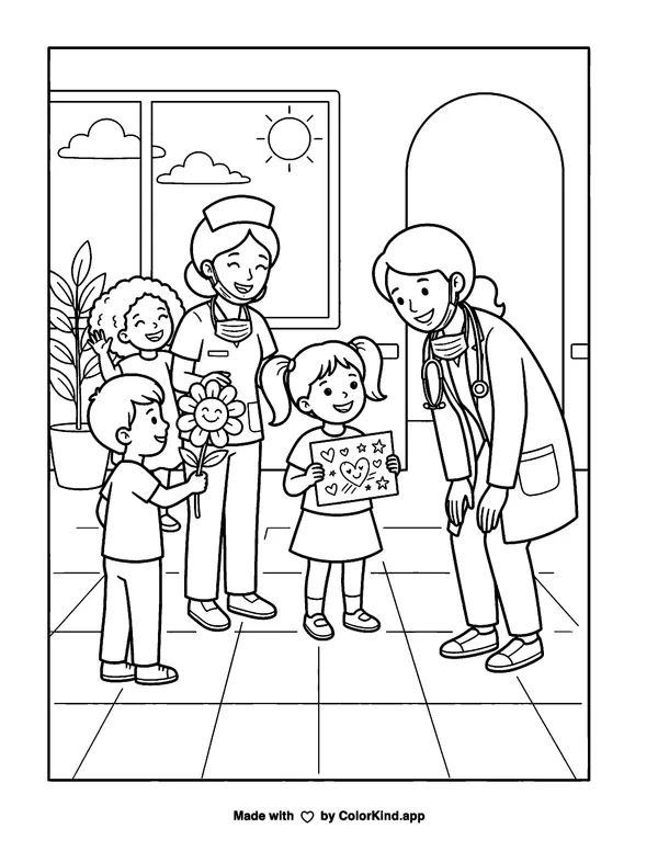 Thank You Doctors and Nurses as clean black-and-white printable line art made by ColorKind