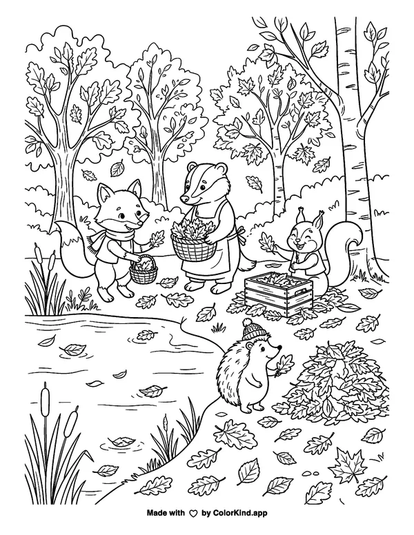 Woodland animal friends collecting fallen leaves beside a peaceful pond, scene 2 as clean black-and-white printable line art made by ColorKind