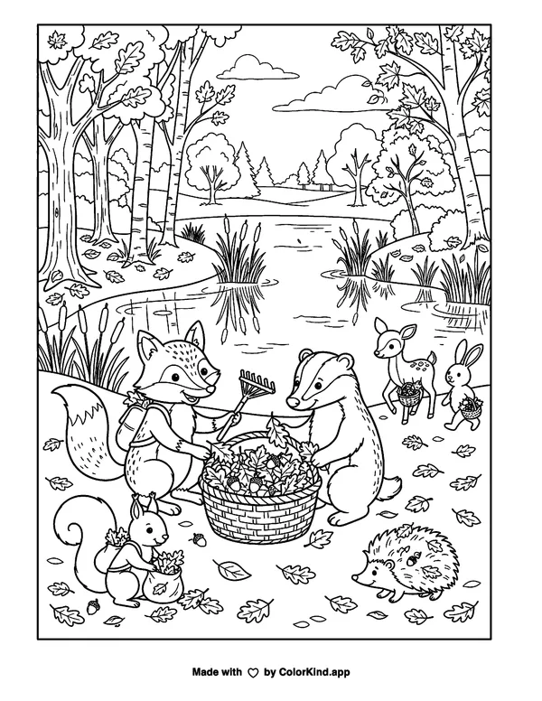 Woodland animal friends collecting fallen leaves beside a peaceful pond as clean black-and-white printable line art made by ColorKind