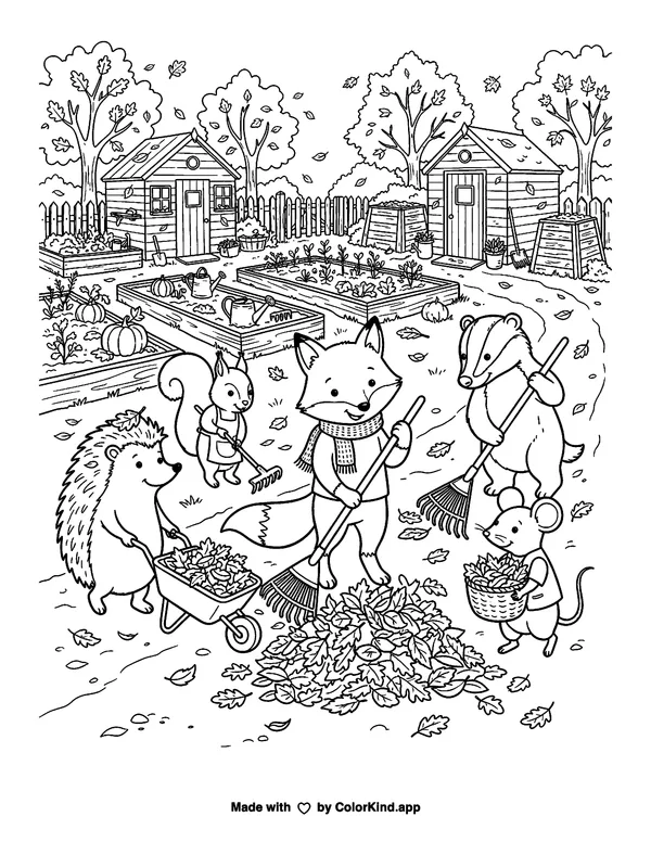Woodland animal friends collecting fallen leaves in a lively community garden as clean black-and-white printable line art made by ColorKind