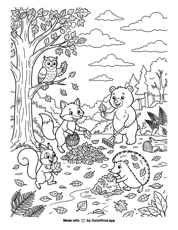 Woodland animal friends collecting fallen leaves under a sky full of clouds as clean black-and-white printable line art made by ColorKind