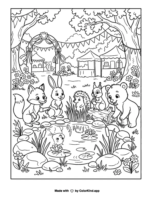 Woodland animal friends discovering a hidden pond at a cheerful outdoor festival as clean black-and-white printable line art made by ColorKind