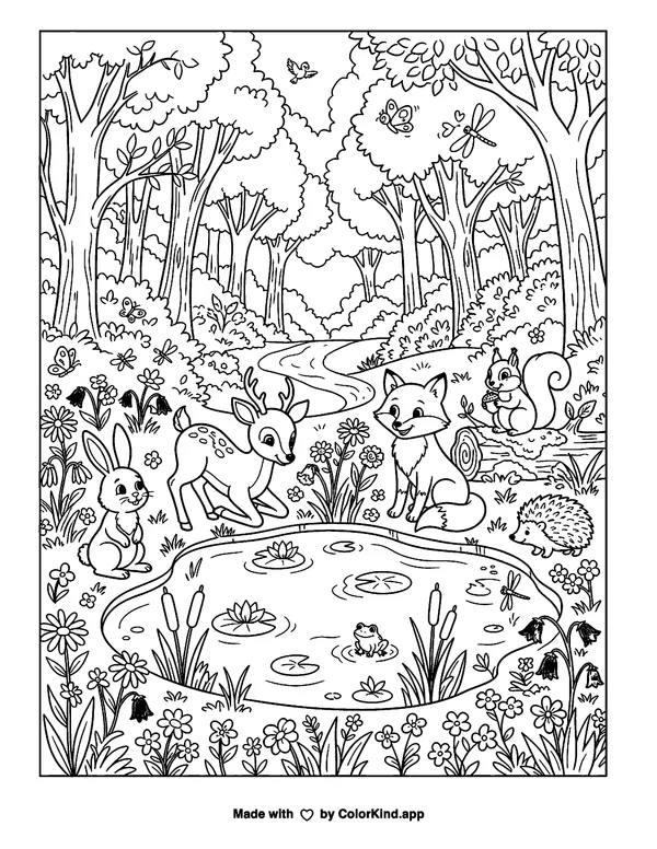 Woodland animal friends discovering a hidden pond in a flower-filled park as clean black-and-white printable line art made by ColorKind