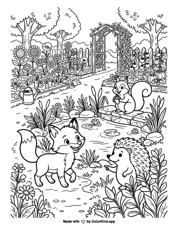 Woodland animal friends discovering a hidden pond in a lively community garden as clean black-and-white printable line art made by ColorKind