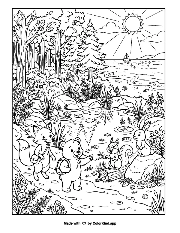 Woodland animal friends discovering a hidden pond near a sunny beach as clean black-and-white printable line art made by ColorKind