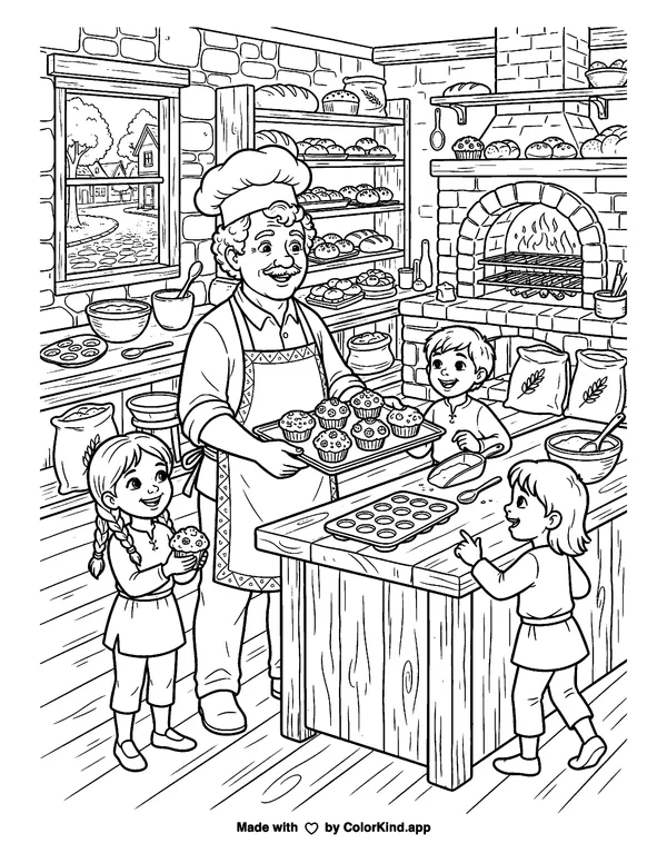 Baker sharing muffins with children as clean black-and-white printable line art made by ColorKind