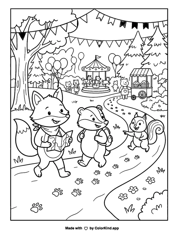 Woodland animal friends following animal tracks at a cheerful outdoor festival as clean black-and-white printable line art made by ColorKind