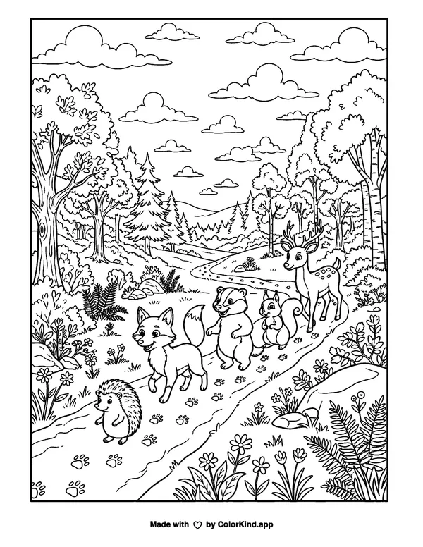 Woodland animal friends following animal tracks under a sky full of clouds, scene 2 as clean black-and-white printable line art made by ColorKind