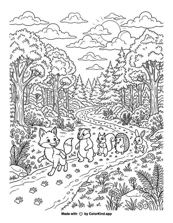 Woodland animal friends following animal tracks under a sky full of clouds as clean black-and-white printable line art made by ColorKind