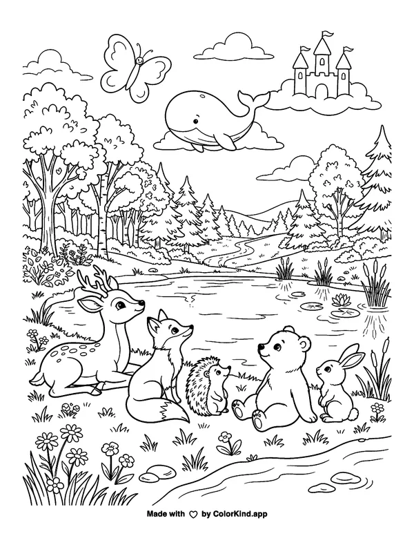 Woodland animal friends observing clouds beside a peaceful pond as clean black-and-white printable line art made by ColorKind