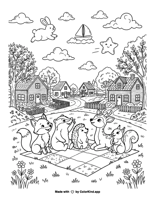 Woodland animal friends observing clouds in a welcoming neighborhood as clean black-and-white printable line art made by ColorKind