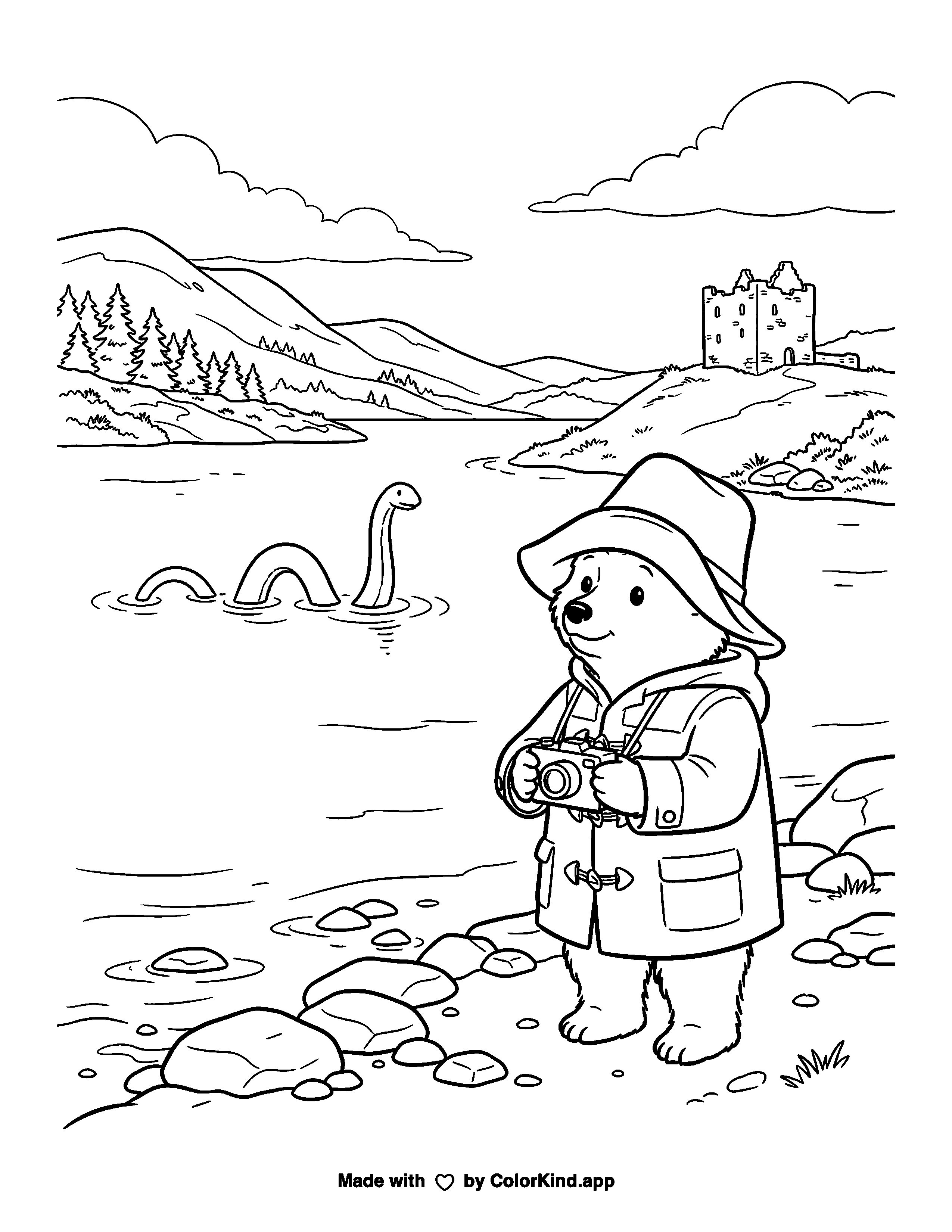 Bear Photographer at the Lake as clean black-and-white printable line art made by ColorKind