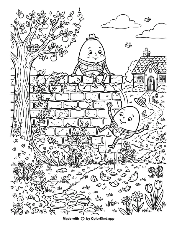Humpty Dumpty Scene as clean black-and-white printable line art made by ColorKind