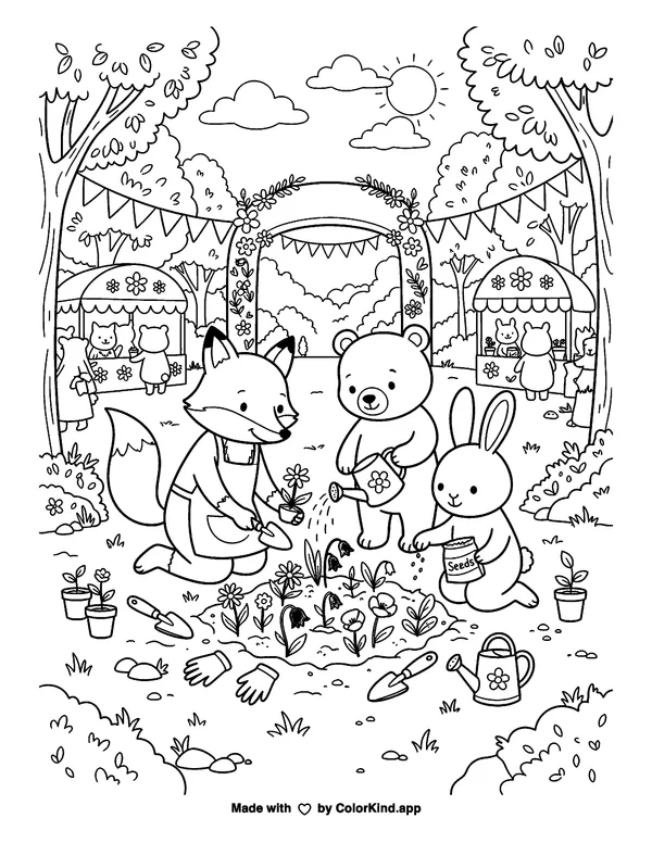 Woodland animal friends planting wildflowers at a cheerful outdoor festival as clean black-and-white printable line art made by ColorKind