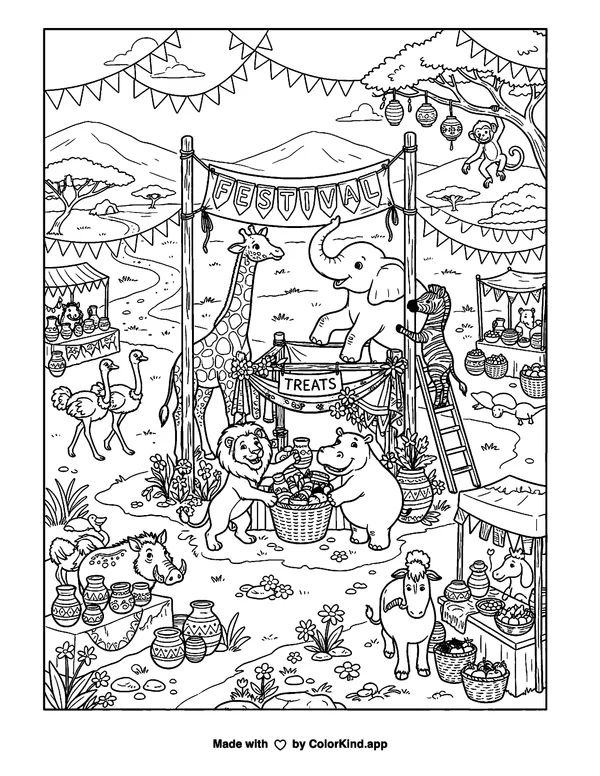 Woodland animal friends planting wildflowers in a flower-filled park, scene 2 as clean black-and-white printable line art made by ColorKind