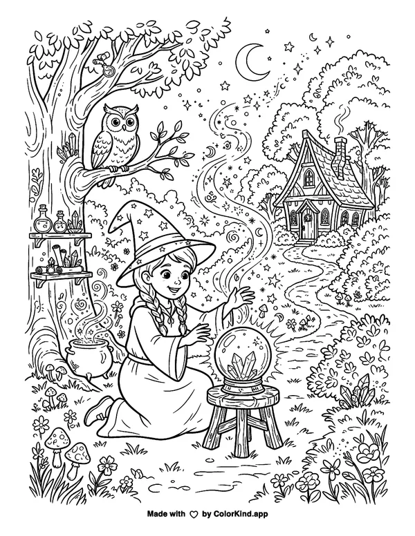 Young Witch Casting a Spell in the Forest as clean black-and-white printable line art made by ColorKind