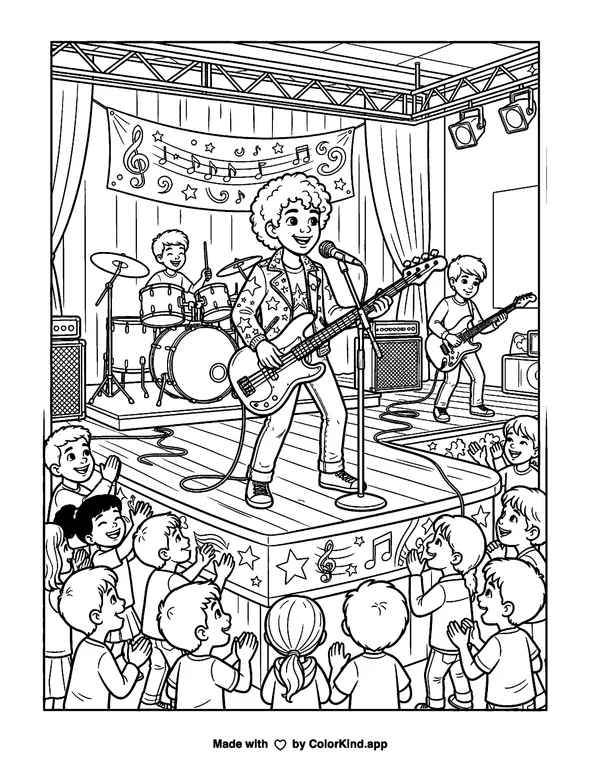 Children performing in a rock band as clean black-and-white printable line art made by ColorKind