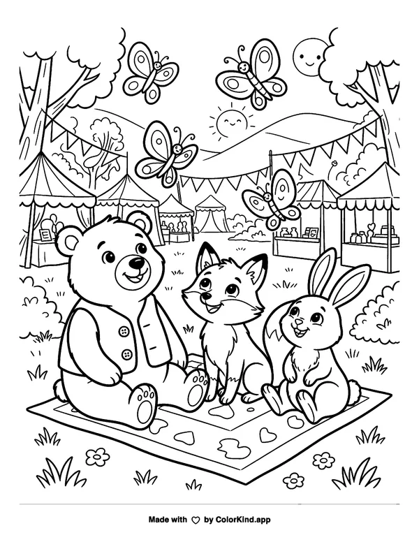 Woodland animal friends watching butterflies at a cheerful outdoor festival as clean black-and-white printable line art made by ColorKind