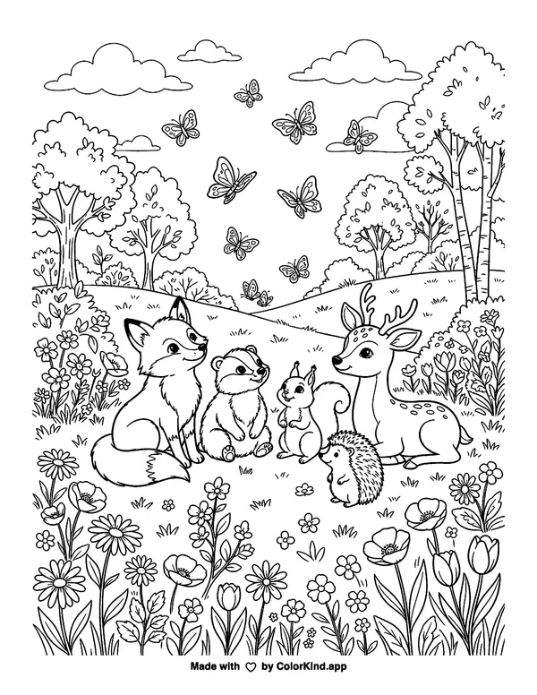 Woodland animal friends watching butterflies in a flower-filled park as clean black-and-white printable line art made by ColorKind