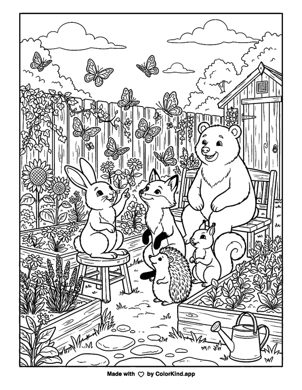 Woodland animal friends watching butterflies in a lively community garden as clean black-and-white printable line art made by ColorKind