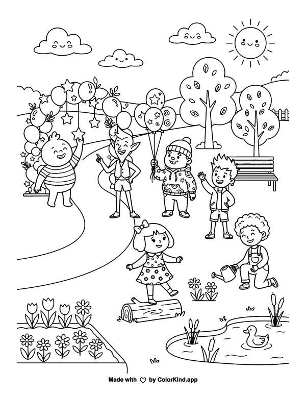 Children Playing in the Park as clean black-and-white printable line art made by ColorKind