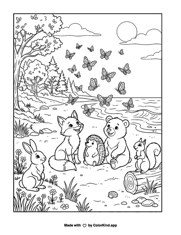 Woodland animal friends watching butterflies near a sunny beach as clean black-and-white printable line art made by ColorKind