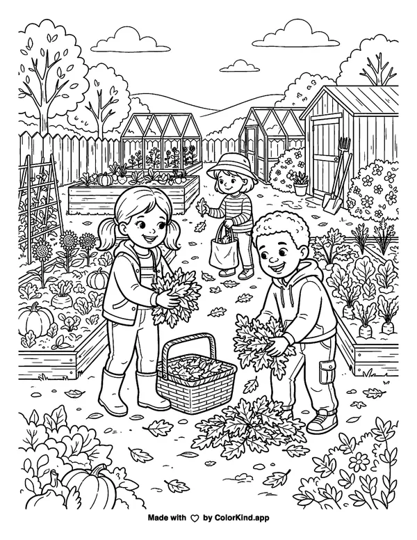 Young nature explorers collecting fallen leaves in a lively community garden as clean black-and-white printable line art made by ColorKind