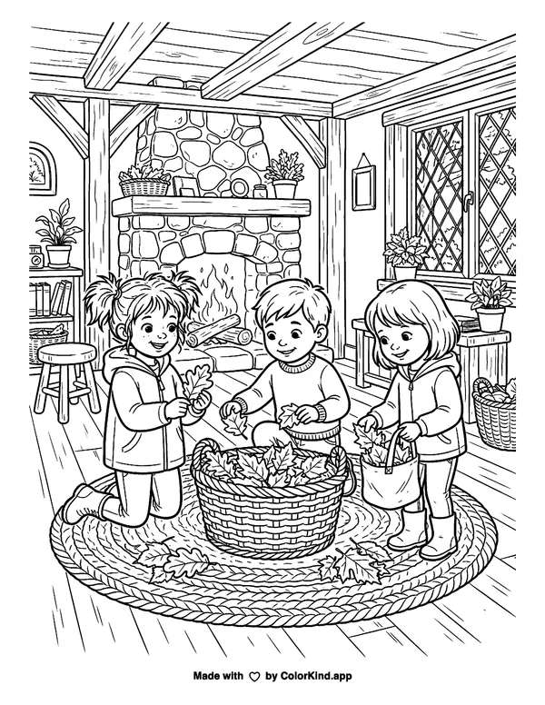Young nature explorers collecting fallen leaves inside a warm storybook cottage as clean black-and-white printable line art made by ColorKind