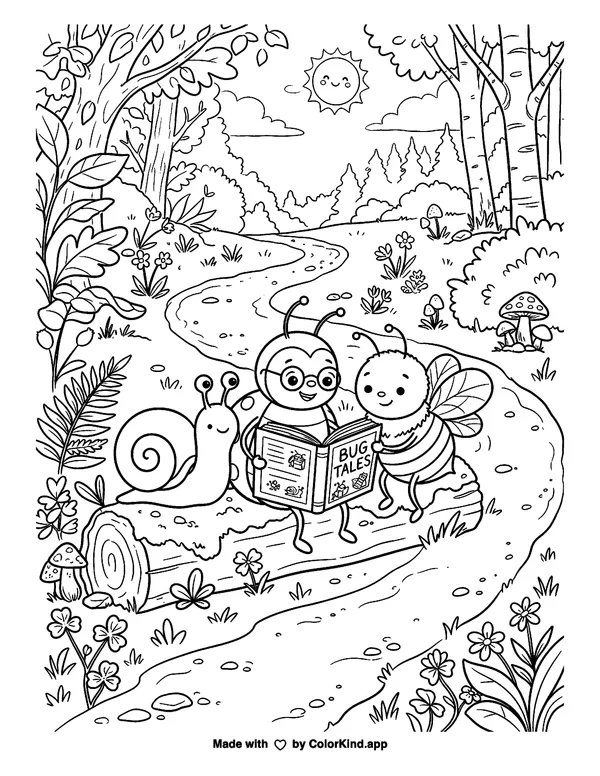 Young nature explorers collecting fallen leaves under a sky full of clouds, scene 2 as clean black-and-white printable line art made by ColorKind