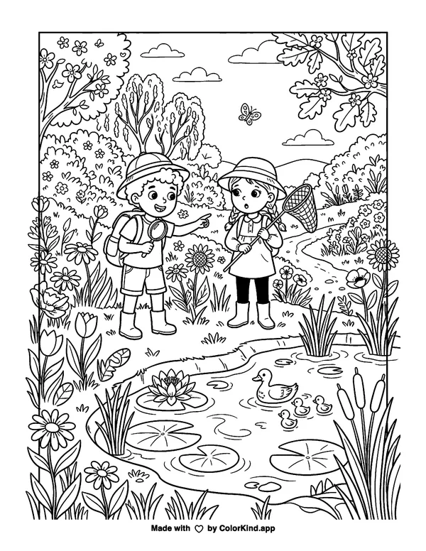 Young nature explorers discovering a hidden pond in a flower-filled park as clean black-and-white printable line art made by ColorKind