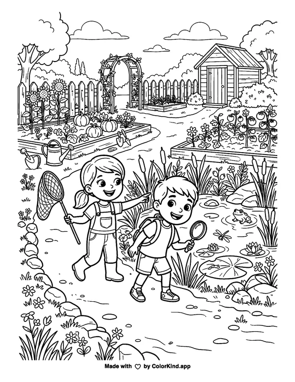 Young nature explorers discovering a hidden pond in a lively community garden as clean black-and-white printable line art made by ColorKind