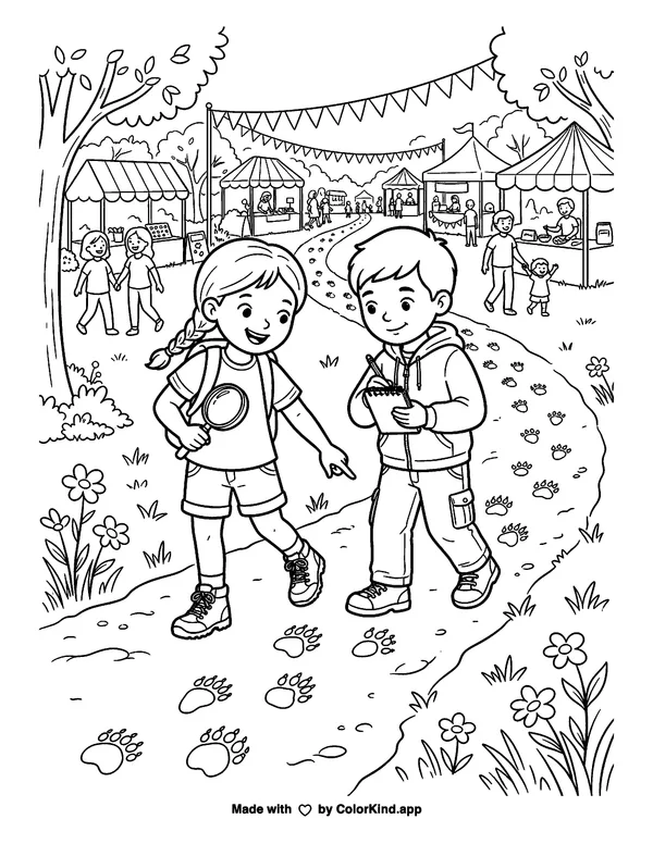 Young nature explorers following animal tracks at a cheerful outdoor festival as clean black-and-white printable line art made by ColorKind