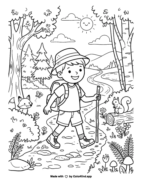 Young nature explorers following animal tracks in a flower-filled park as clean black-and-white printable line art made by ColorKind