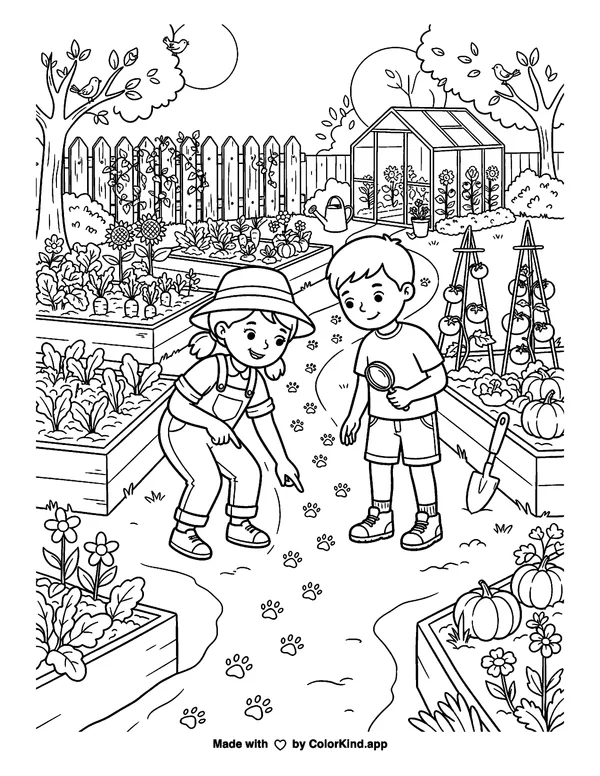 Young nature explorers following animal tracks in a lively community garden as clean black-and-white printable line art made by ColorKind