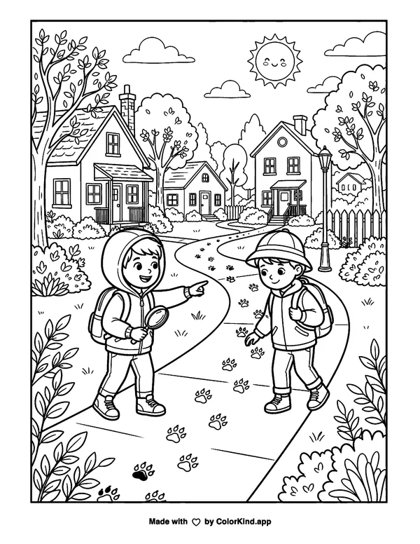 Young nature explorers following animal tracks in a welcoming neighborhood as clean black-and-white printable line art made by ColorKind