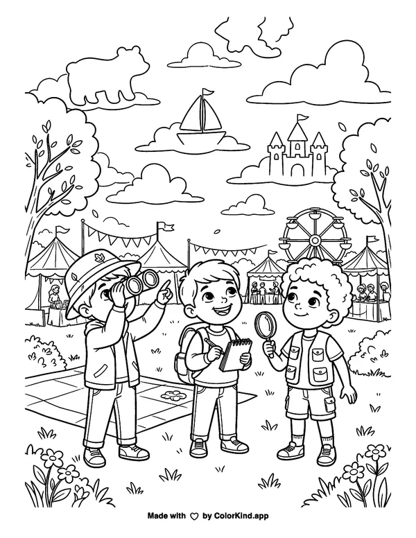 Young nature explorers observing clouds at a cheerful outdoor festival as clean black-and-white printable line art made by ColorKind