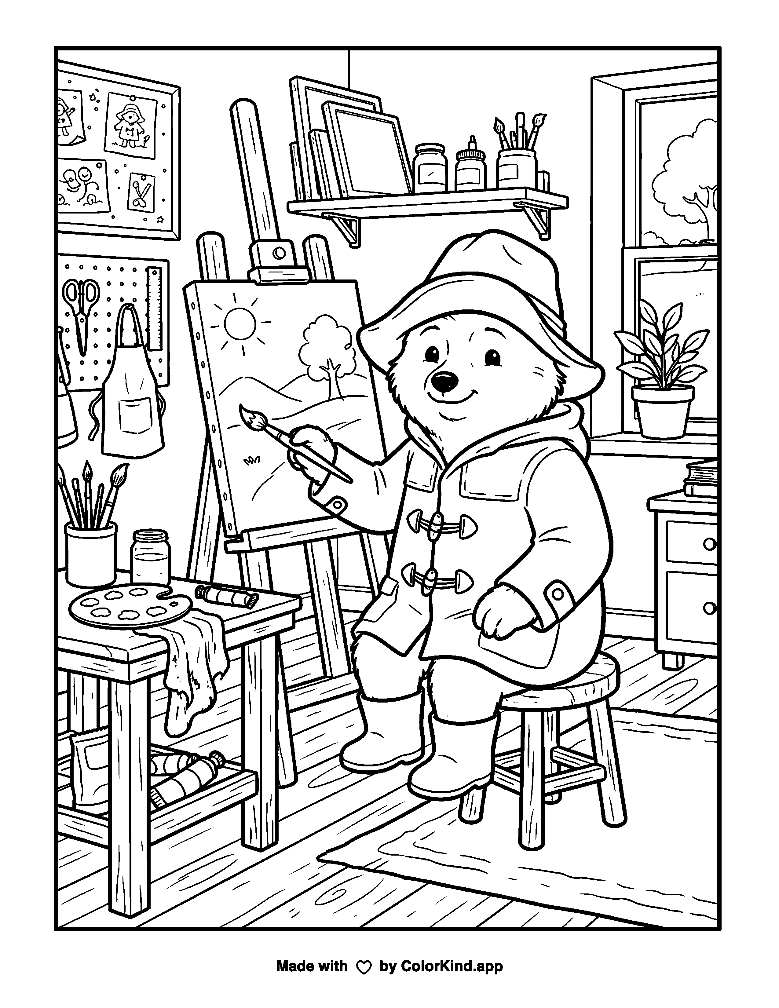 Bear Artist in Studio as clean black-and-white printable line art made by ColorKind