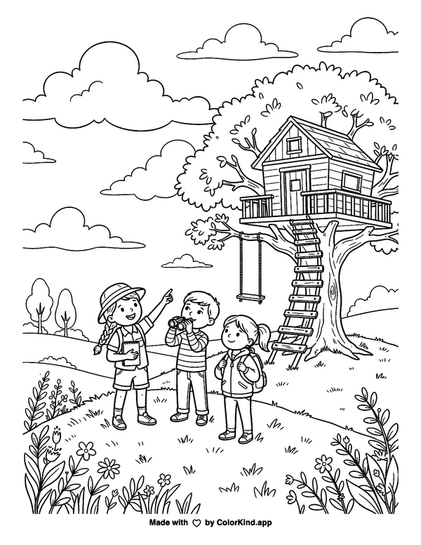 Young nature explorers observing clouds near a cozy treehouse as clean black-and-white printable line art made by ColorKind