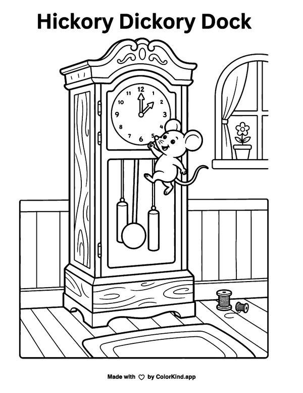 Mouse climbing a grandfather clock as clean black-and-white printable line art made by ColorKind