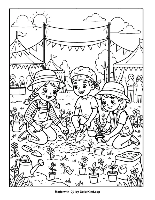 Young nature explorers planting wildflowers at a cheerful outdoor festival as clean black-and-white printable line art made by ColorKind