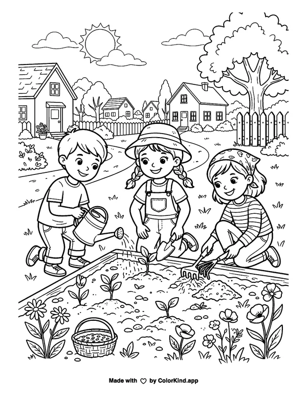 Young nature explorers planting wildflowers in a welcoming neighborhood as clean black-and-white printable line art made by ColorKind