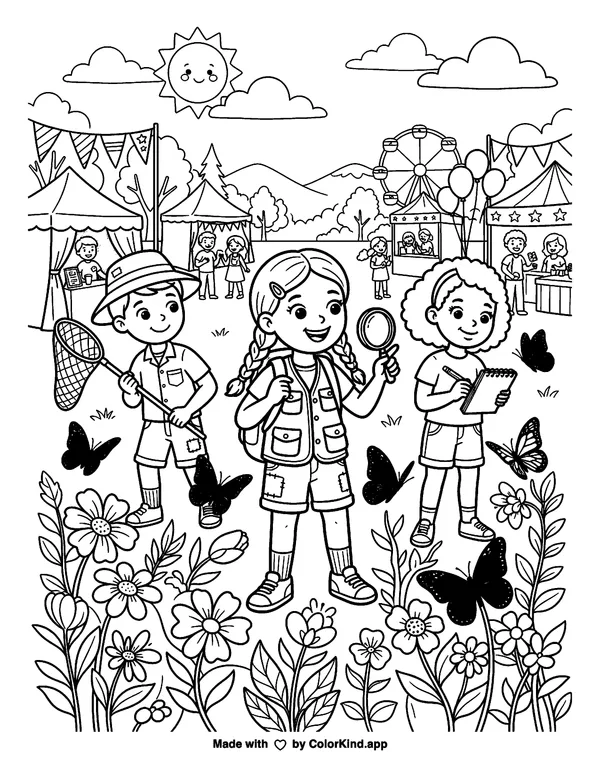 Young nature explorers watching butterflies at a cheerful outdoor festival as clean black-and-white printable line art made by ColorKind