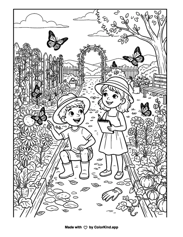 Young nature explorers watching butterflies in a lively community garden as clean black-and-white printable line art made by ColorKind