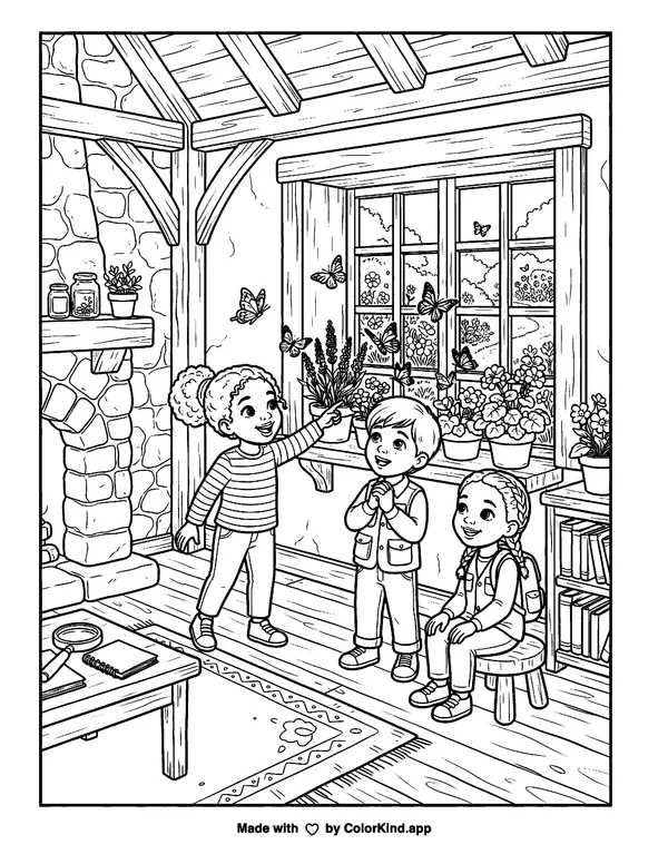 Young nature explorers watching butterflies inside a warm storybook cottage as clean black-and-white printable line art made by ColorKind