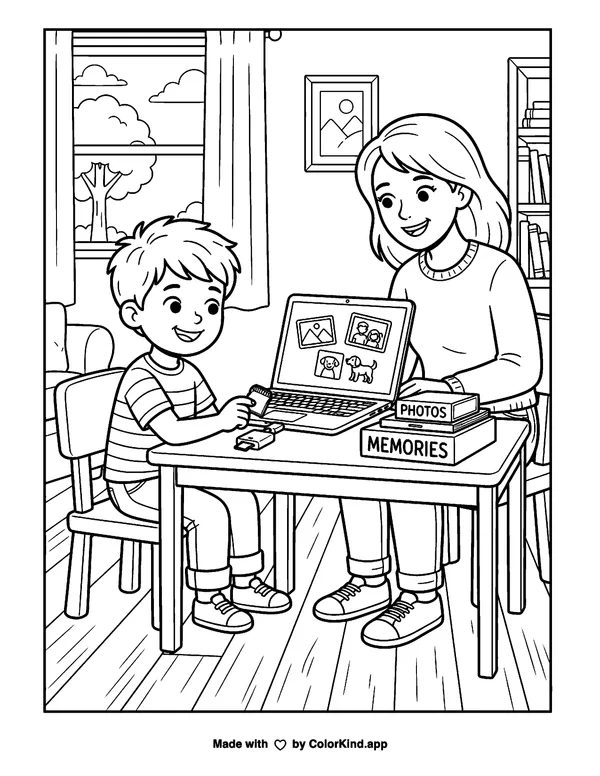 Woman and boy looking at a laptop as clean black-and-white printable line art made by ColorKind
